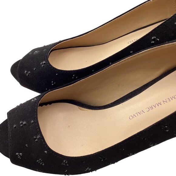 Luxe By Carmen Marc Valvo Heels Size 8 Faith Womens Black Peep Toe Beaded - Picture 7 of 8